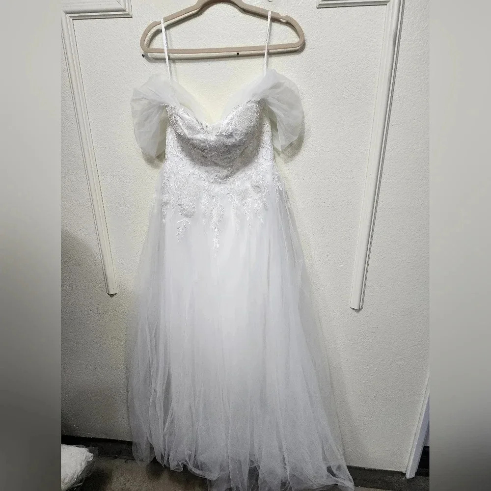 Lulus Blissfully Romantic White Tulle Off-the-Shoulder Maxi Dress Bridal Wedding - Picture 6 of 11